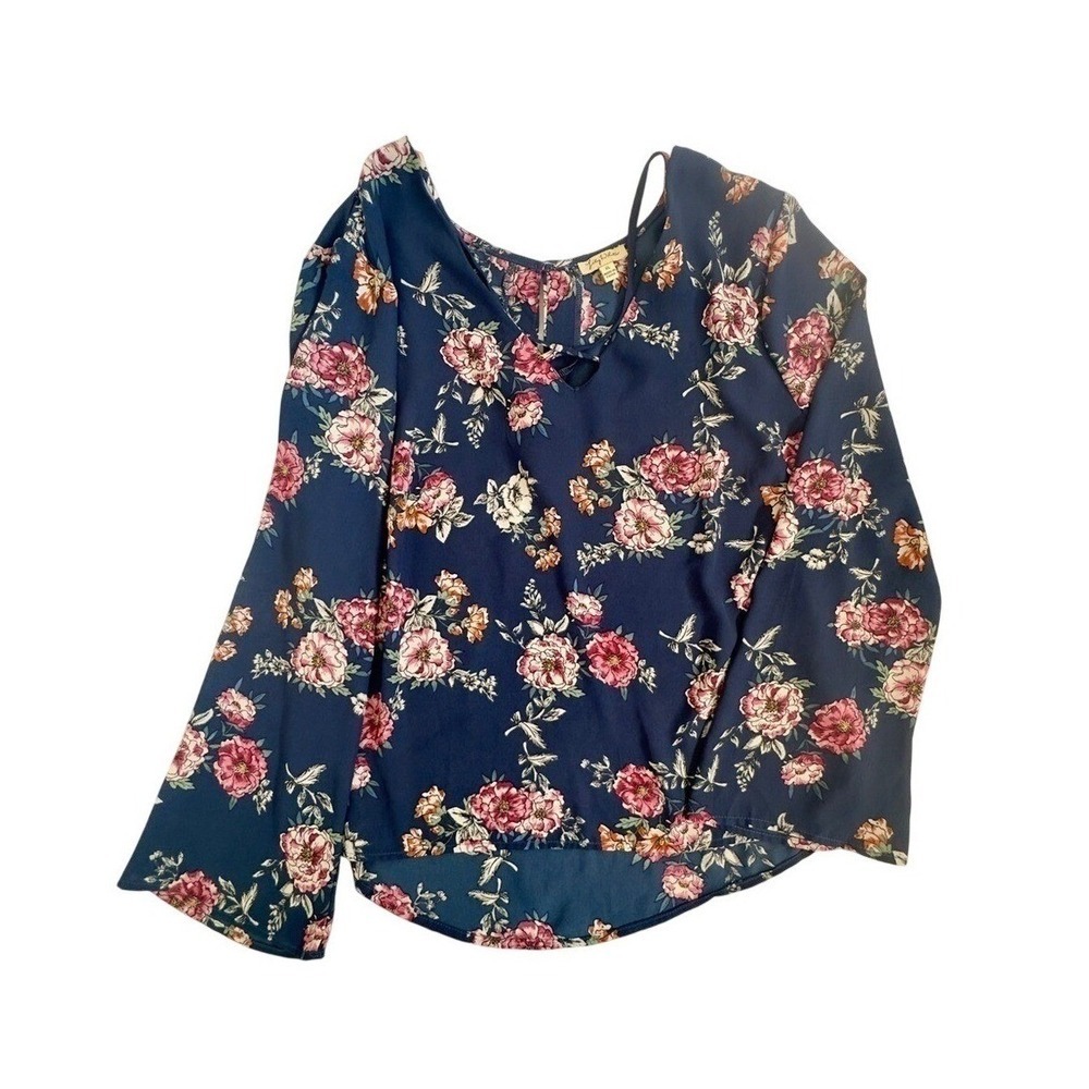 Lily White Floral Navy Blouse with Pink Accents Size XL